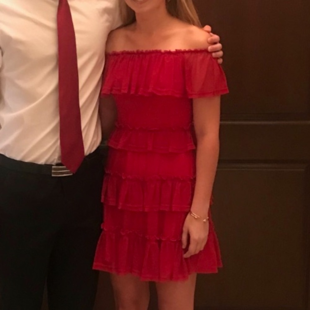 Red ruffle mini dress off-the-shoulder